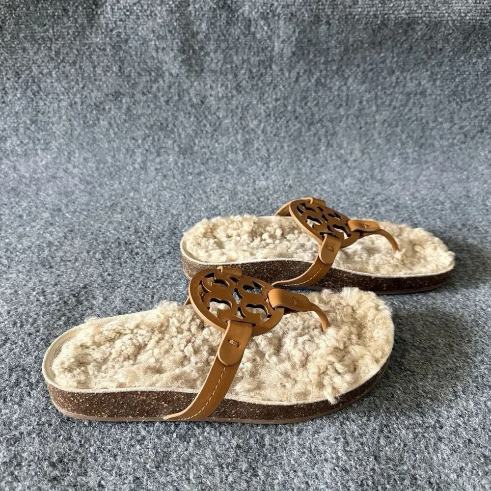 Tory Burch Miller Cloud Shearling Medallion Thong Sandals Rubber Women’s 6.5